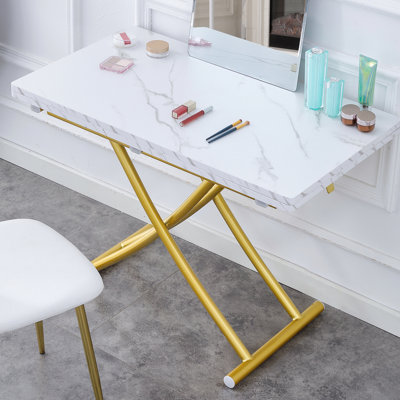Albertis Multifunctional Lift Table In Contemporary Minimalist Design, 0.8 Inch White Textured Desktop, Golden Metal Adjustable Legs, Rounded Edges, Suitable For Dressing, Coffee, Dining, And Office, Easy To