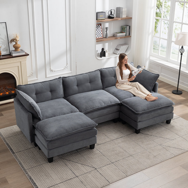 112" Oversized U-Shaped Cloud Modular Sofa with 2 Ottomans, Gray