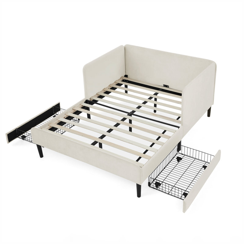 Full Size Upholstered Platform Bed Frame with 2 Storage Drawers, Beige, Full/Double