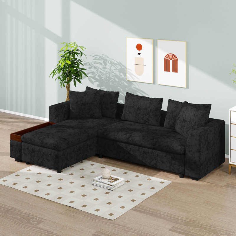 Canapé modulaire en forme de L 93,7 po avec compartiment de rangement en bois, canapé-lit et méridienne rembourrés en chenille et coussins décoratifs