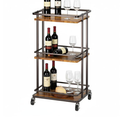 3-Tier Wood and Metal Rolling Serving Bar Cart with Wheels