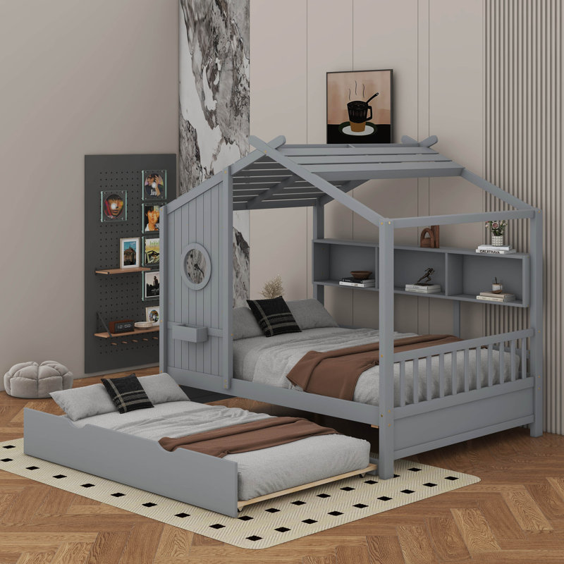 Lit maison avec lit gigogne et tablette de rangement, Gris, Double