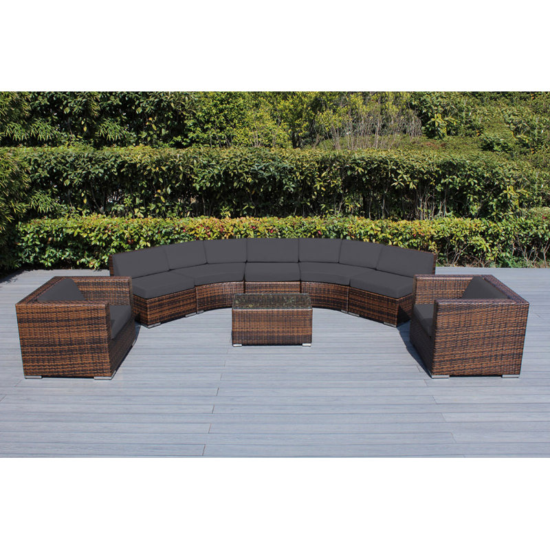 Billyjo Wicker 7 - Person Curved Seating Group with Cushions - No Assembly, Canvas Jockey Red Sunbrella® Canvas, Mixed Brown