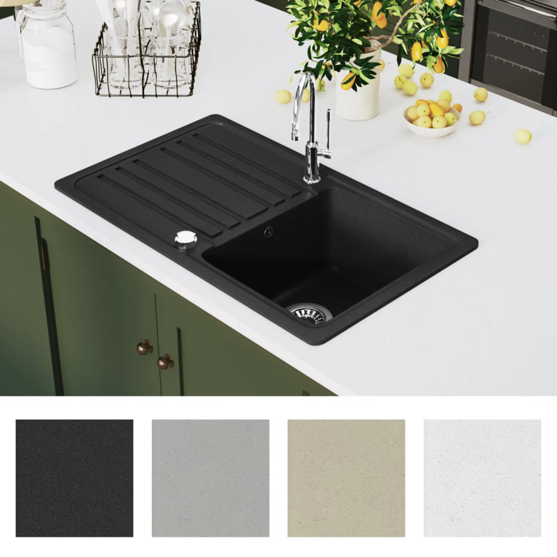vidaXL Granite Kitchen Sink Single Basin with Drainer Reversible Black, Black