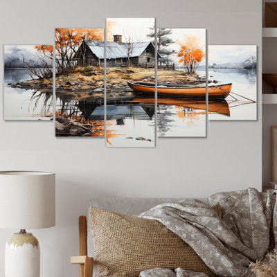  «Orange Lakehouse Reflections Of Solitude II - Lake House Cottage, reproduction d'art murale - 5 panneaux