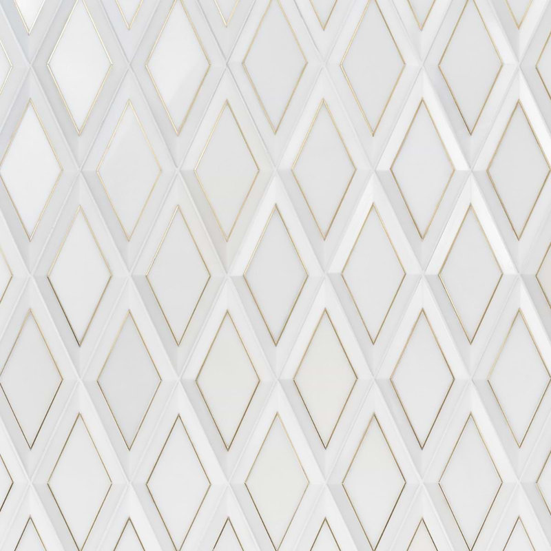 Basque 6x12 Beveled Polished Marble Tile, White/Brass