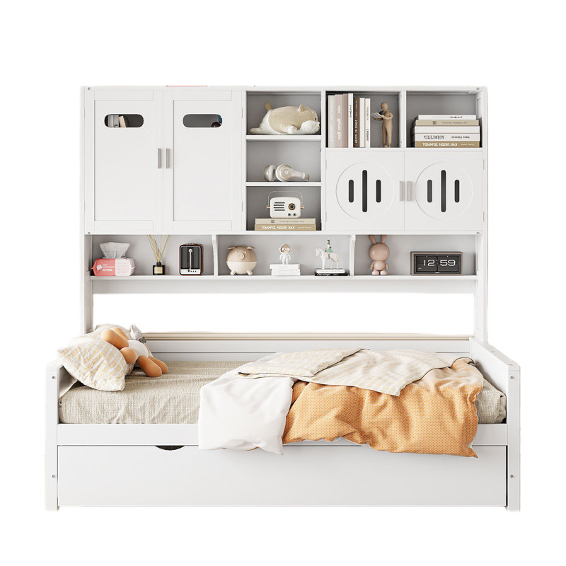 Aleyssa Daybed With Storage Shelves, Charging Station, Led And Trundle, Twin, White