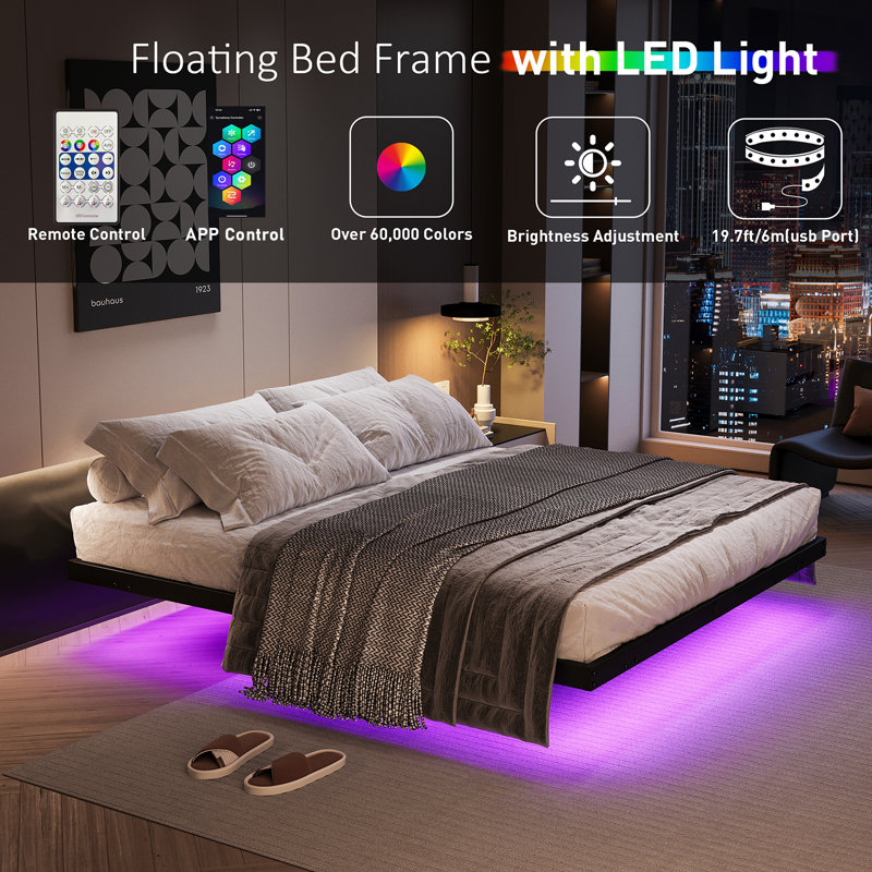 Full Size Black Metal Floating Bed Frame with LED Lights
