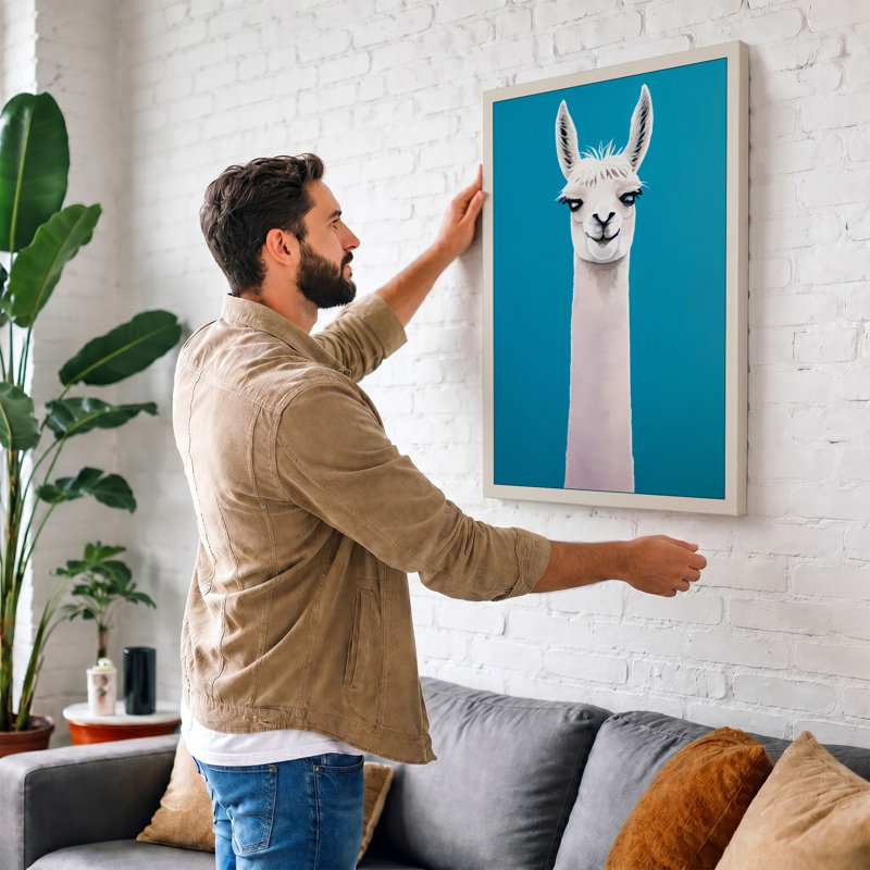 Serene Llama Portrait Modern 1 Piece Wrapped Canvas Wall Art, 30x20 - 76.2 x 50.8 cm, Taupe Border