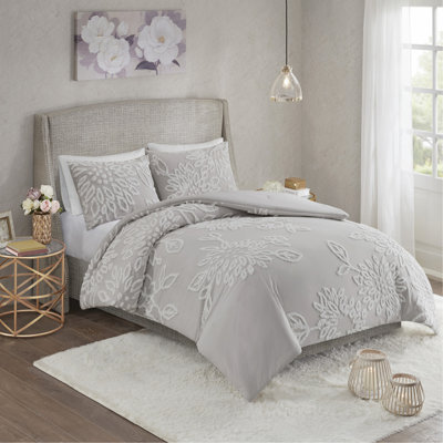Ensemble d'édredon 3 pièces en chenille de coton touffeté à motif floral gris chaud / grand