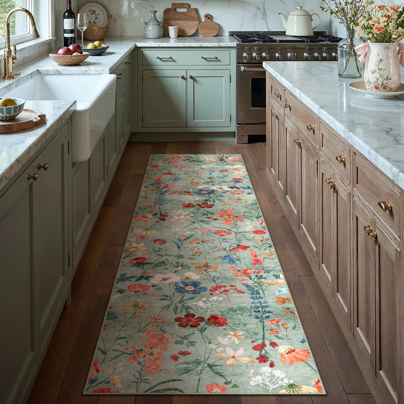 Tapis floral lavable à la machine avec envers antidérapant, Green, Tapis de couloir 2 pi x 8 pi