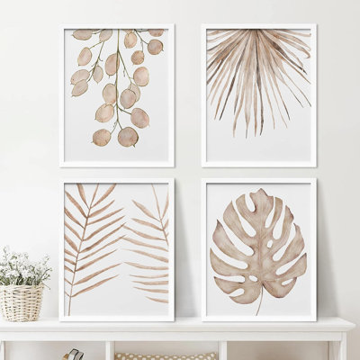 Tropical Palm " IDEA4WALL Framed Pastel Autumn Brown Island Leaf Wall Art, Set of 4 Nature Wilderness Wall Decor Prints, Botanical Floral Wall Decor for Living Room, Bedroom " 4 Piece Art Graphic Art Print
