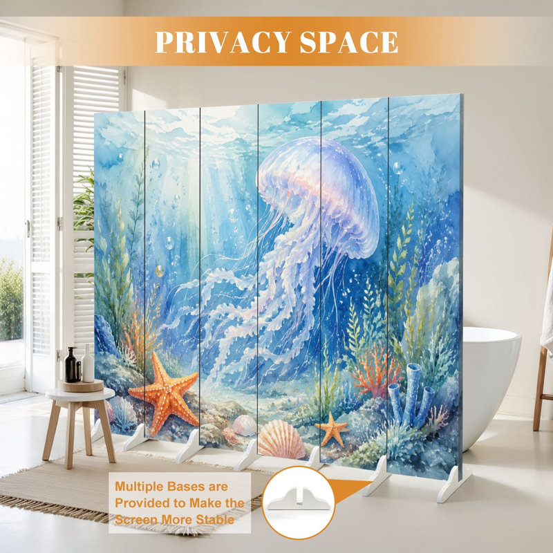 6 panneaux paravents pliables Paravent royal Scène sous-marine vibrante vie marine Aquarelle Toile écran Séparateur de pièce Autoportant Cloison de protection Cloison d'intimité pour salle de bain