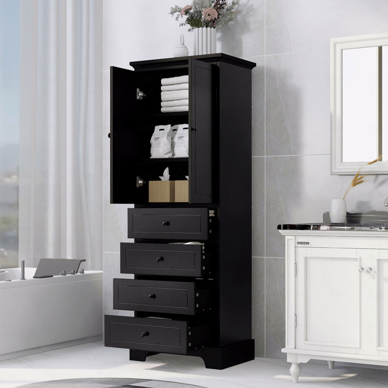 Storage Cabinet With 2 Doors And 4 Drawers For Bathroom, Office, Adjustable Shelves, MDF Board With Painted Finish, Black