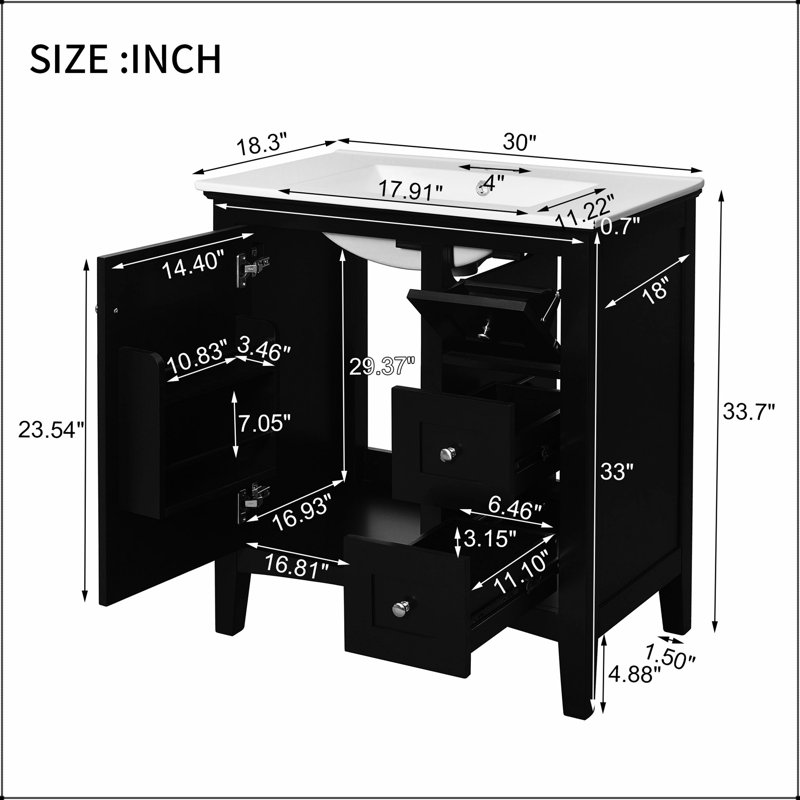 Meuble-lavabo de 30 pouces avec lavabo en céramique et 3 tiroirs, structure en bois massif pour un rangement moderne et une esthétique améliorée