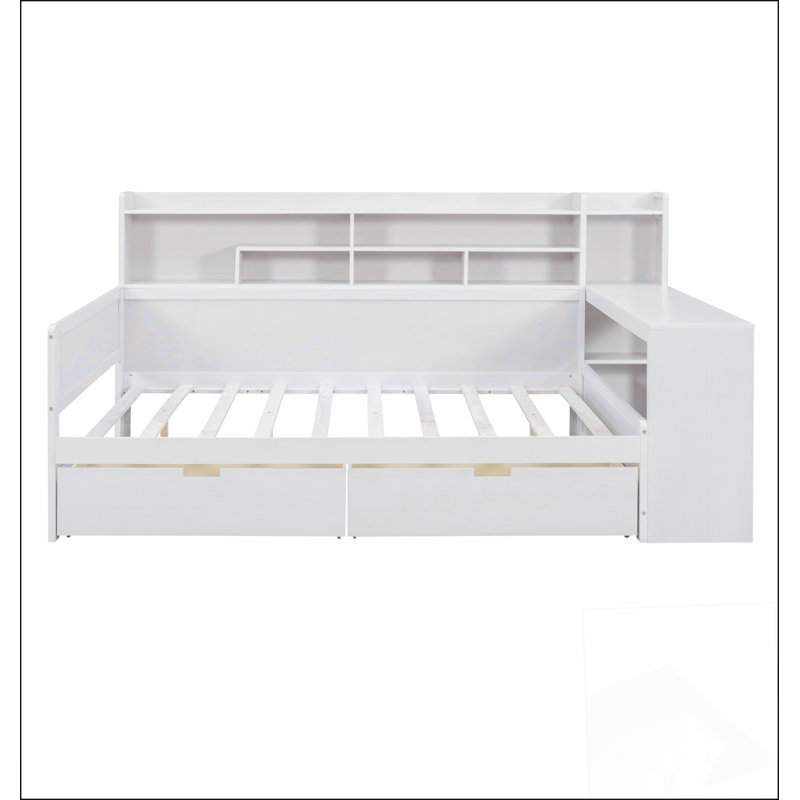 Lit de jour double avec tablettes de rangement, tiroirs de rangement et bureau d'étude