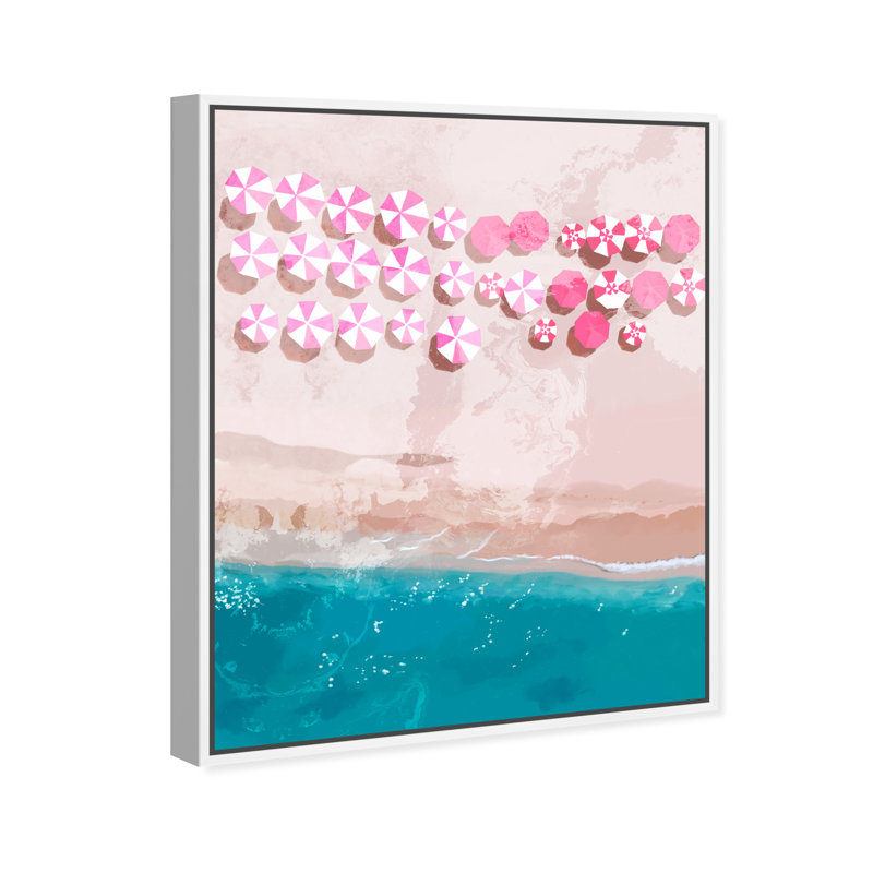 Parasol de plage rose, été bleu océan côtier Glam - peinture, H 36 po x l 30 po x P 1,75 po, Cadre flottant en bois blanc