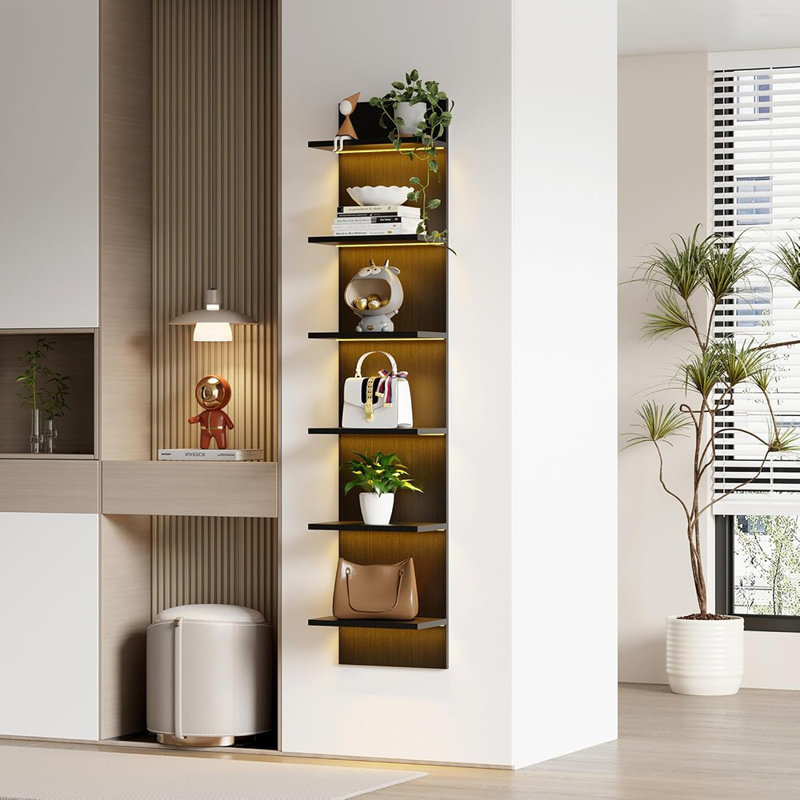 6 Tier Wall Shelf Unit With LED Light, Display Floating Storage Home Decor Organizer Shelves For Bedroom Living Room, Black