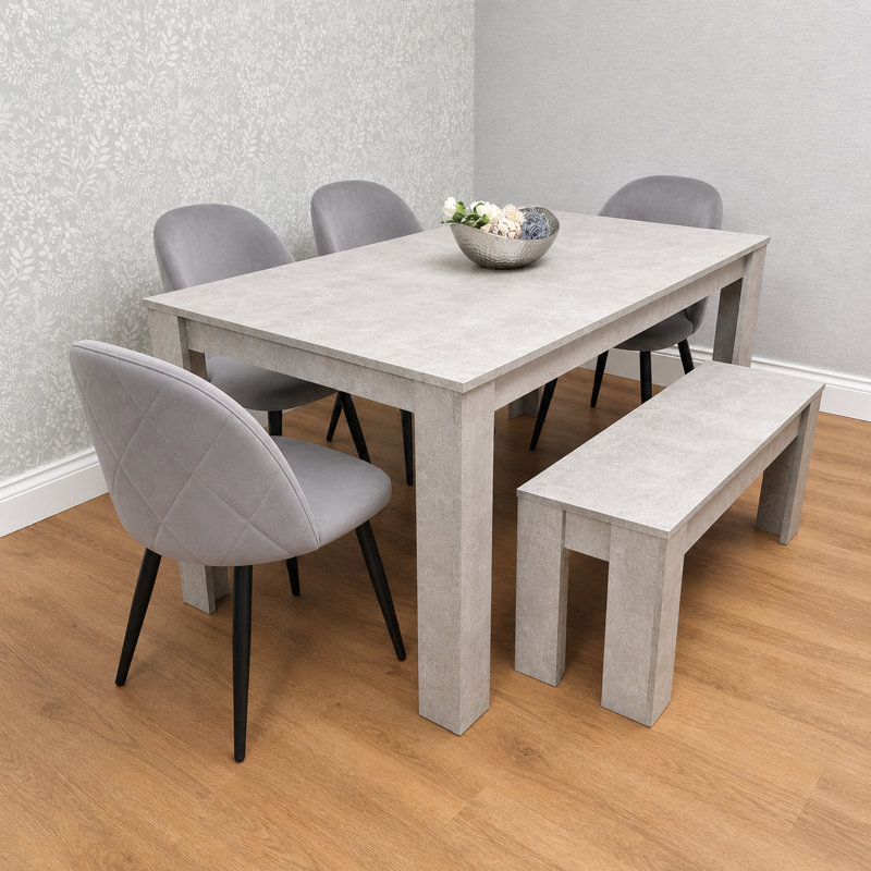 Light Stone Grey Effect Dining Table Set with Grey Velvet Chairs & Bench, 75" H x 140" L x 80" W