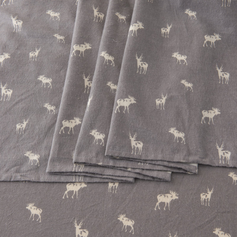 Full Size Gray Cotton Flannel Sheet Set with Deer and Trees Print