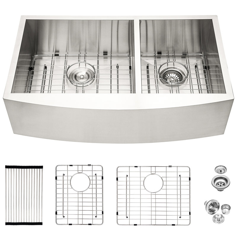 Calibre 16, 36 po, double cuve, acier inoxydable, évier de cuisine, insonorisant, tampon, revêtement de condensation, ensemble de bonde, support de séchage de gabarit, guide d'installation