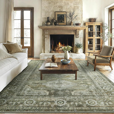 8 x 10 tapis lavable à la machine antidérapant à poils courts Boho délavé gris clair sauge tapis vert pour le salon chambre à coucher