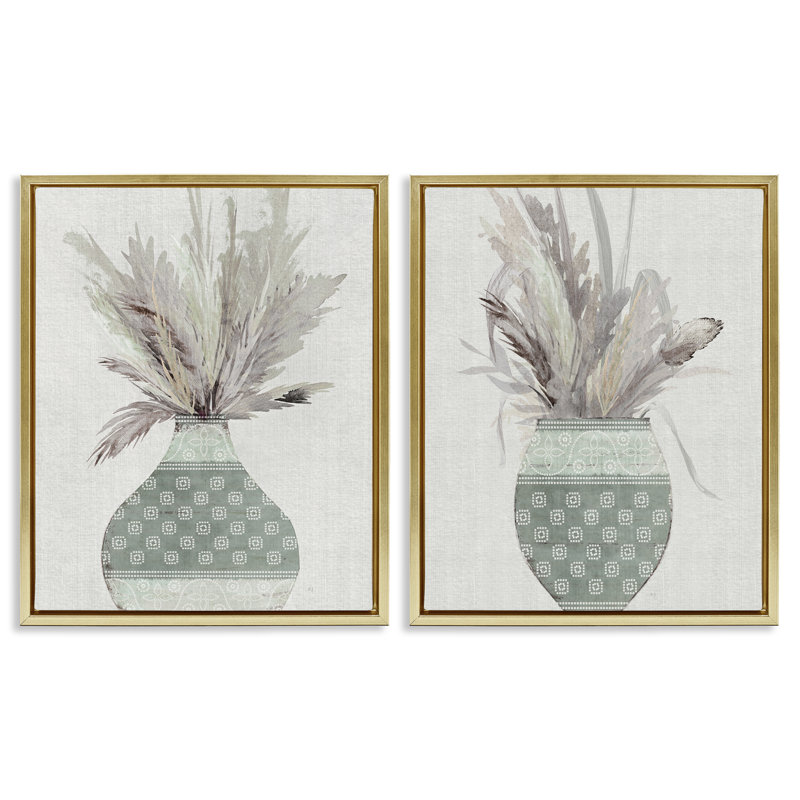  Ensemble de 2 vases boho encadrés flottants encadrés par Susan Jill, H 21 po x l 17 po, Cadre flottant métallique doré