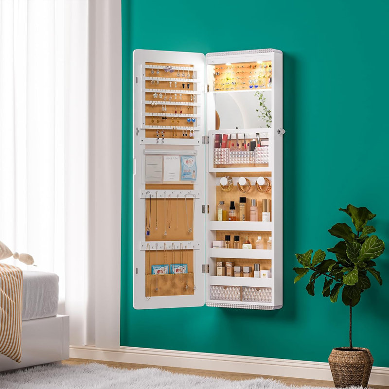 White MDF Wall Mounted Jewelry Cabinet with Full-Length Mirror