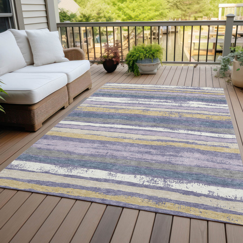 Purple and Beige Striped Synthetic Washable Rug