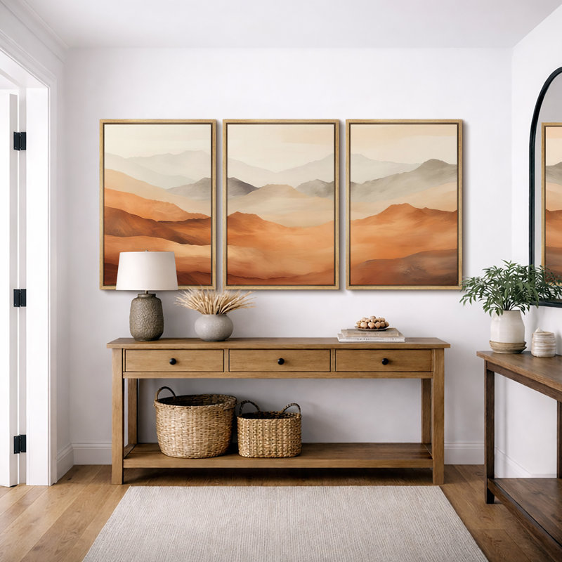 "Abstract Landscape", "Vibrant Warm Orange Brown Mountains", art mural moderne minimaliste simple, impression sur toile encadrée, 3 pièces, art mural "16" x 24 "x 3 pièces, 24" x 36 "x 3 pièces