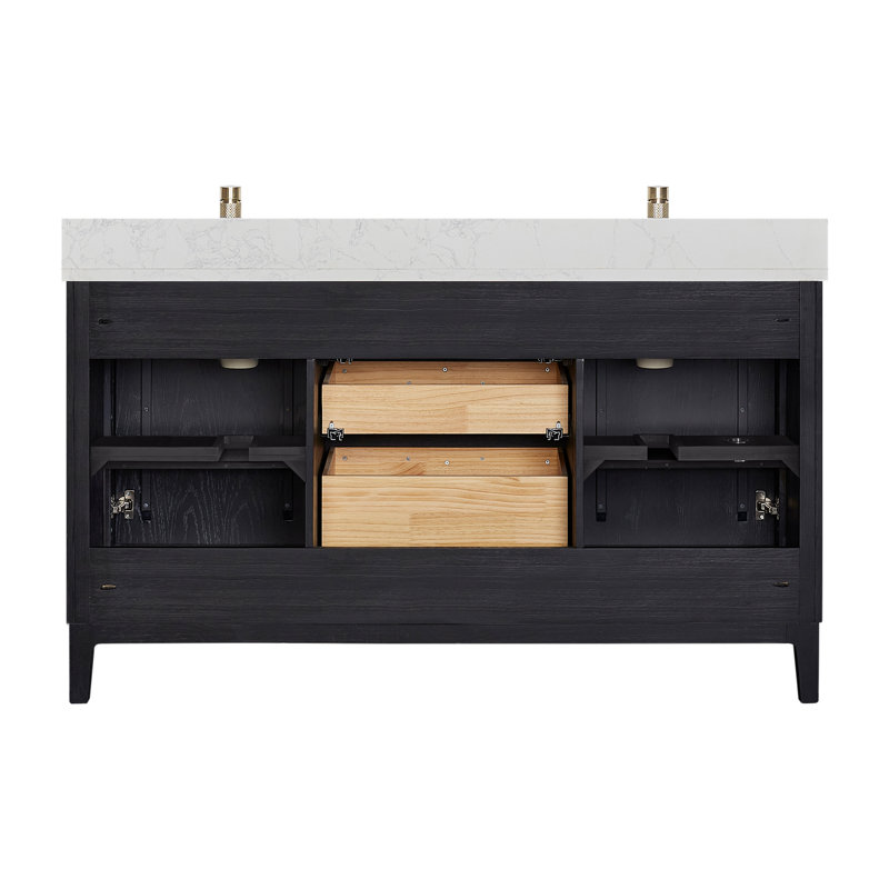 Meuble-lavabo double sur pied 60 po Langosta, Bois de sapin / noir