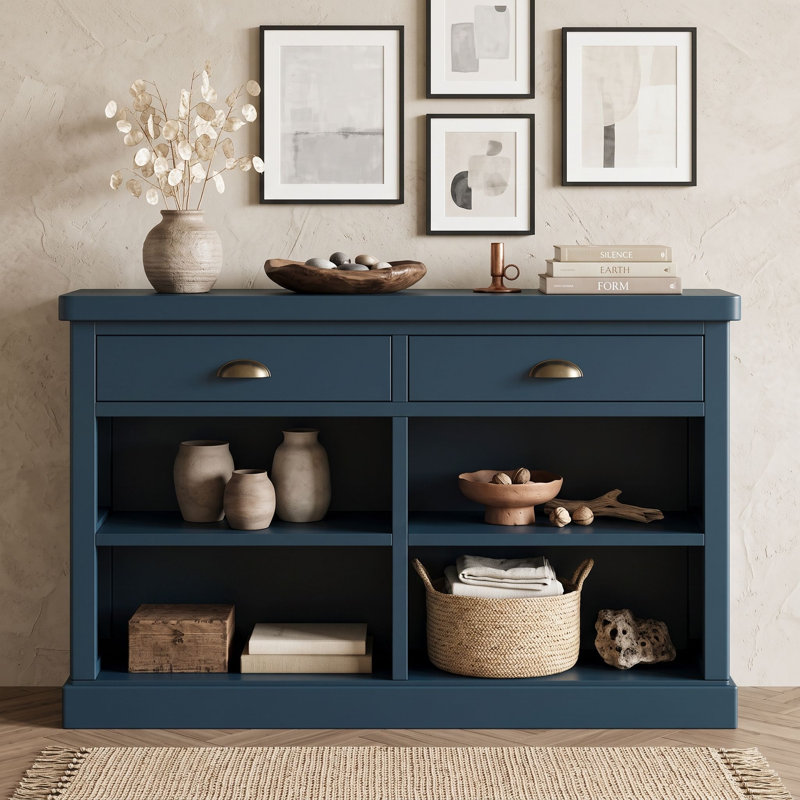 Console en bois d'acacia avec 2 tiroirs et tablettes ouvertes pour le vestibule, Navy