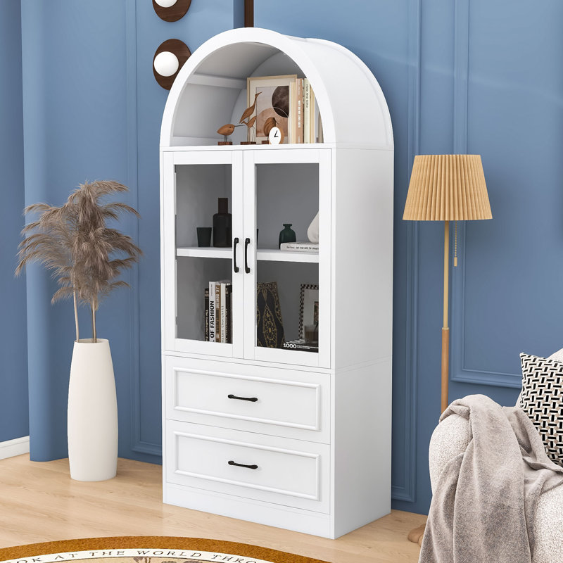 Vitrine arquée moderne avec portes en verre, tablettes et tiroirs, bibliothèque autoportante pour le salon, bureau, Blanc