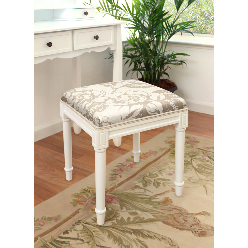 Tabouret de coiffeuse en lin gris avec pivoine grise, Blanc, Taupe