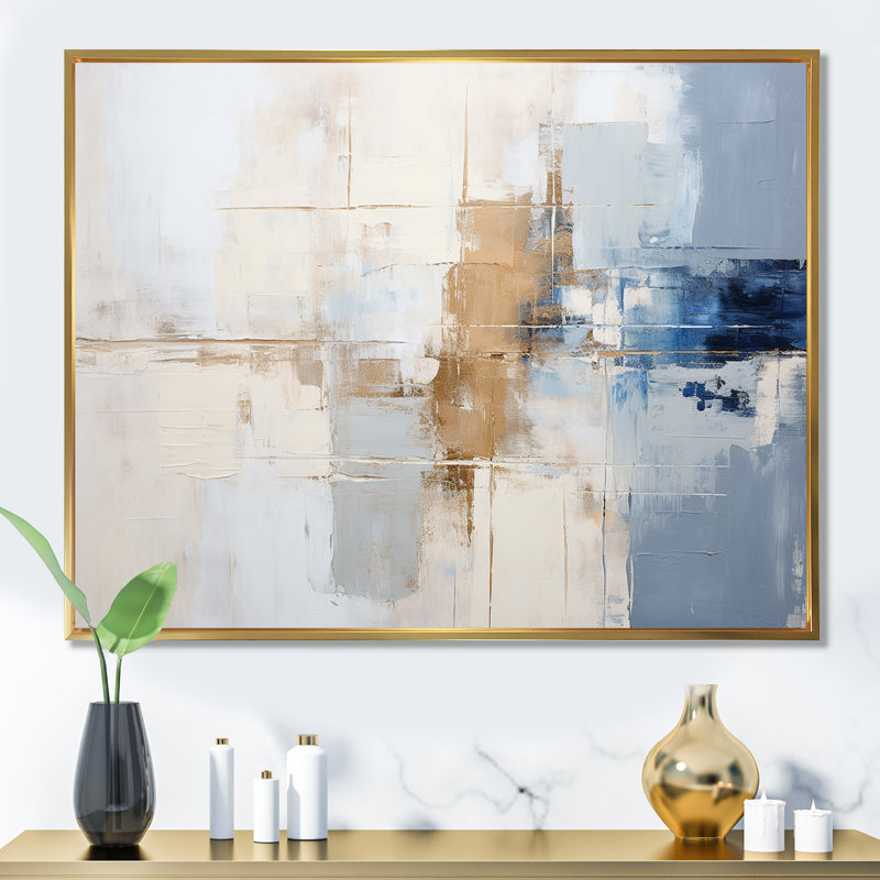 Peinture blanche et bleue Fusion - peinture abstraite, art mural, Cadre flottant doré, H 34 po x l 44 po x P 1,5 po