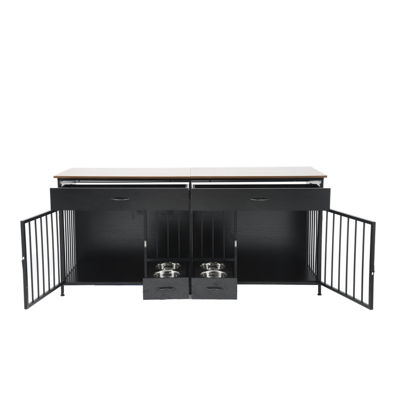 Meuble double en bois pour chien avec cage d'alimentation de 75 po de largeur, Brun / Noir