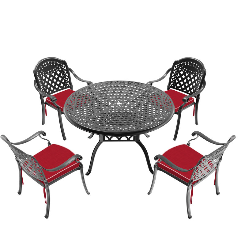 Table et chaise de patio en fonte d'aluminium - noire, résistante aux intempéries, avec coussins pour 4 chaises, confortable