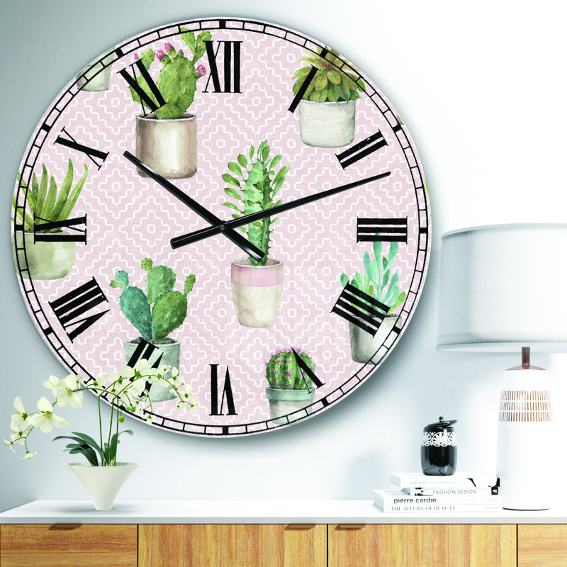 Cactus en pot sur un motif géométrique rose - horloge murale traditionnelle, Moyen
