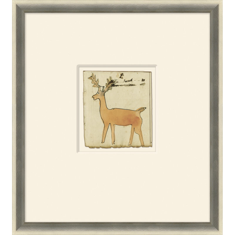 «Deer - Mennonite Ledger Dessin» - Peinture encadrée sur papier, H 14,75 po x l 13,25 po x P 1,25 po, Brun, Ivoire