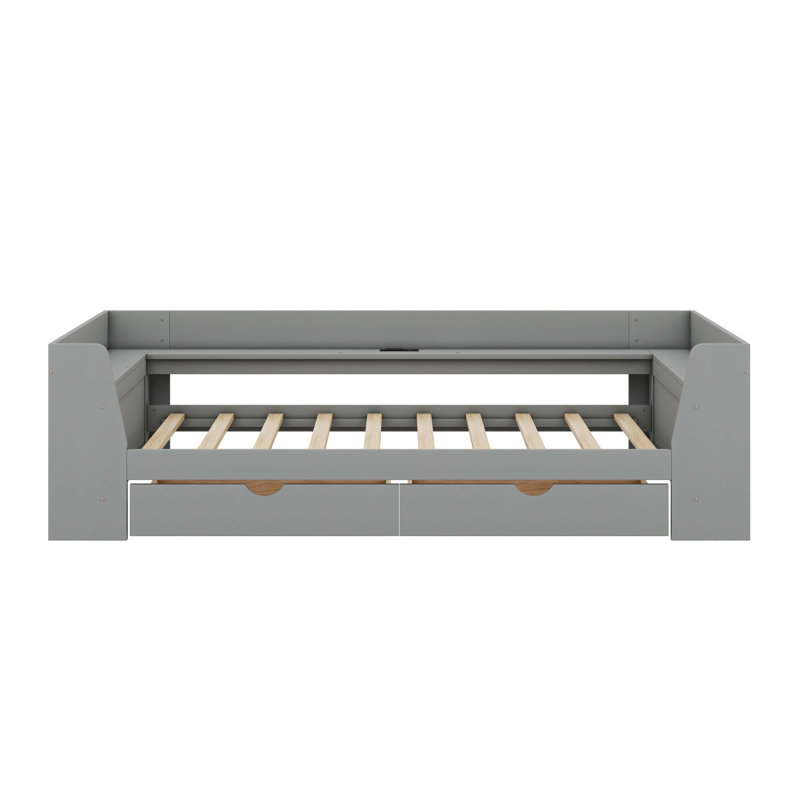 Lit de jour simple avec tablettes, tiroirs et station de charge intégrée Philone, Gris