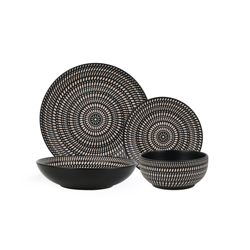 Waterside 16pc Pad Print Stoneware Dinner Set, Black