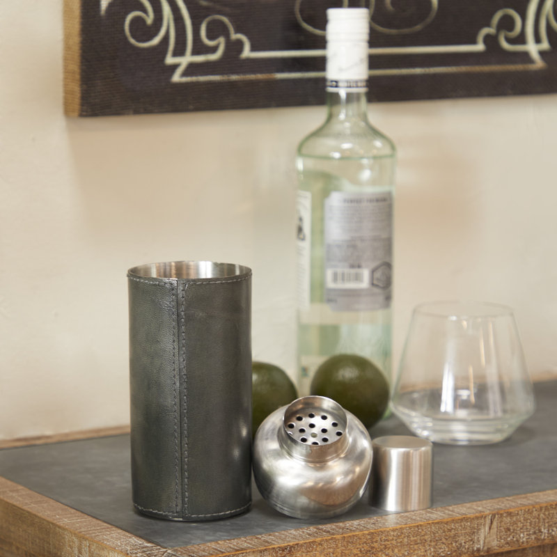 Leather Handmade Cocktail Shaker with Silver Top, Dark Blue