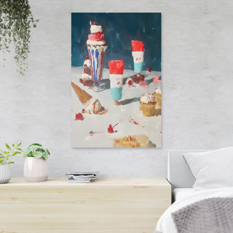 Ice Cream Cone With Cone And Ice Cream On Table - 1 Piece Rectangle Graphic Art Print On Wrapped Canvas, 14" H x 11" W