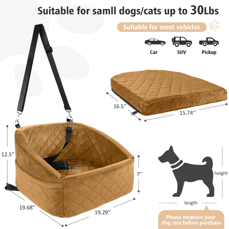 Brown Plush Dog Car Seat with Safety Belt and Storage Pockets