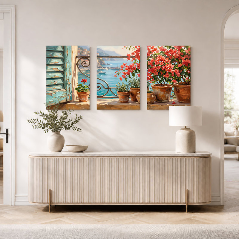 Ensemble de 3 toiles bleu sarcelle avec plantes sur le balcon donnant sur la mer, 36"H x 24"W x 3pcs