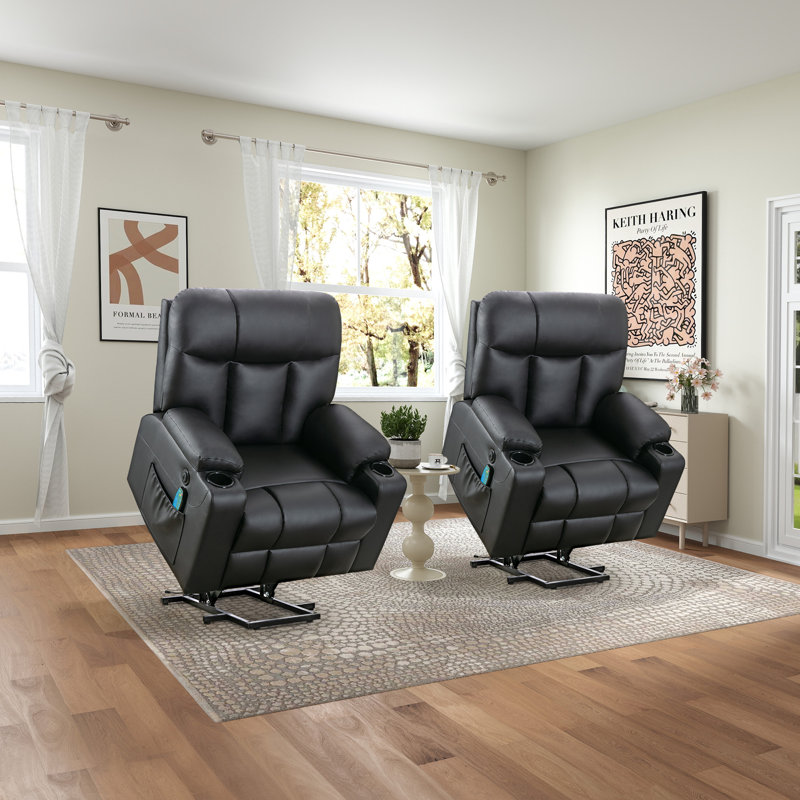 37.8" W Faux Leather Power Lift Recliner, Black Faux Leather