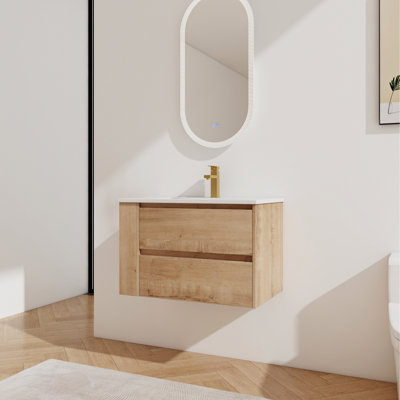 Meuble-lavabo mural avec lavabo en céramique - 2 tiroirs à fermeture en douceur, lavabo imitation chêne