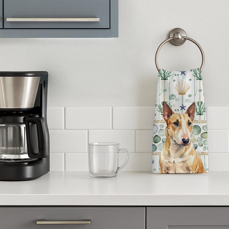 Miniature Bull Terrier Coastal Sea Glass Kitchen Towel, Miniature Bull Terrier