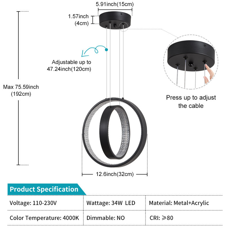 Jansel Modern LED Chandelier Gold Pendant Light 2 Ring Acrylic 34W 4000K Dimmable Height-Adjustable, Matte Black
