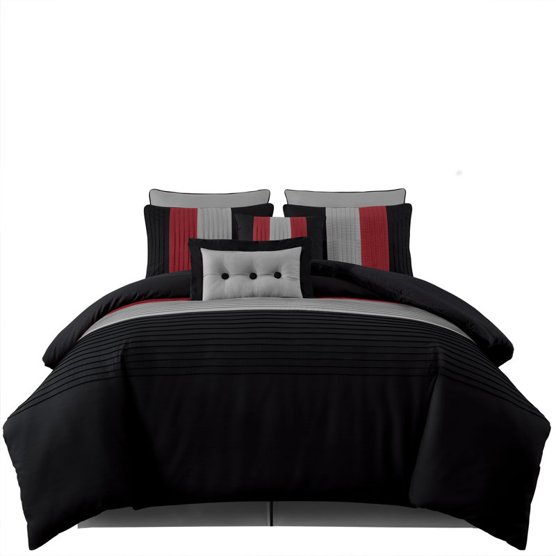 Loft 8-Piece Pleated Stripe Microfiber Comforter Set, Queen Comforter + 2 Standard Shams, Red